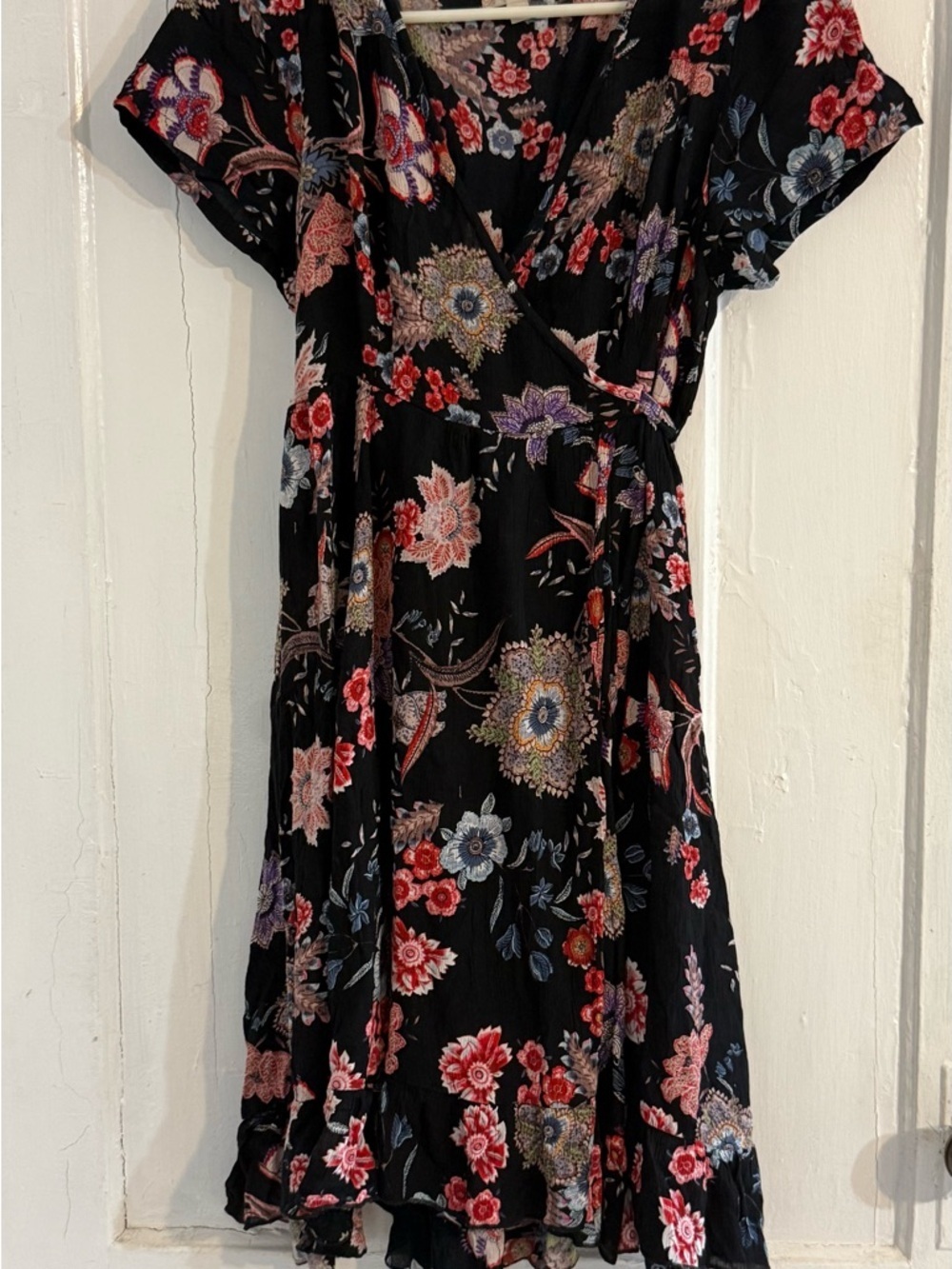 Altar'd State Black Floral Tie-Waist Dress with Red and Pink Blooms